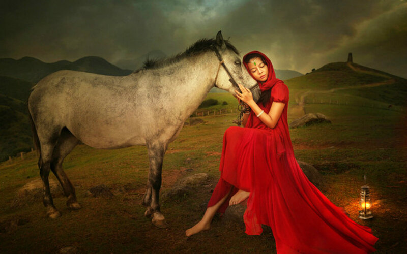 Woman in Red Dress — Dramatic, Night, Digital Art, Horse