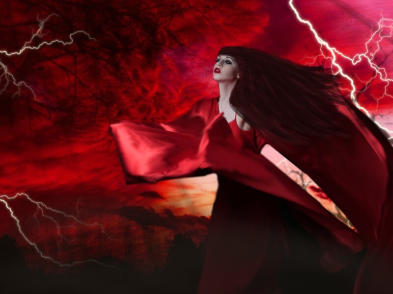 Woman in Red Dress — Dramatic, Night, Digital Art, Lightning, Trees, Cape