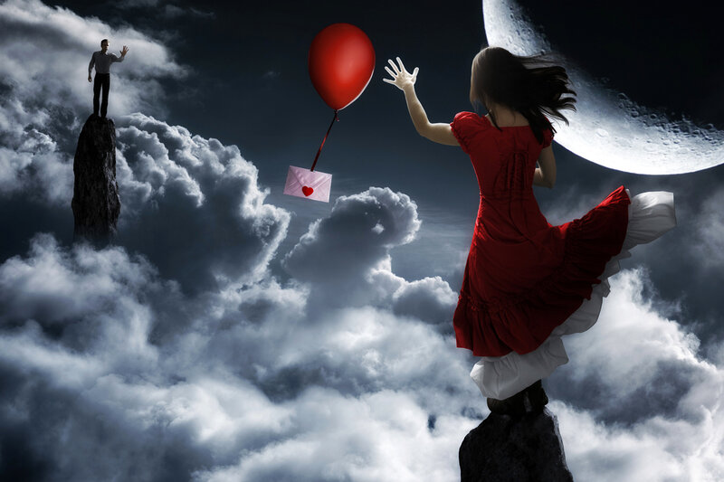 Woman in Red Dress — Dramatic, Night, Digital Art, Man, Balloon