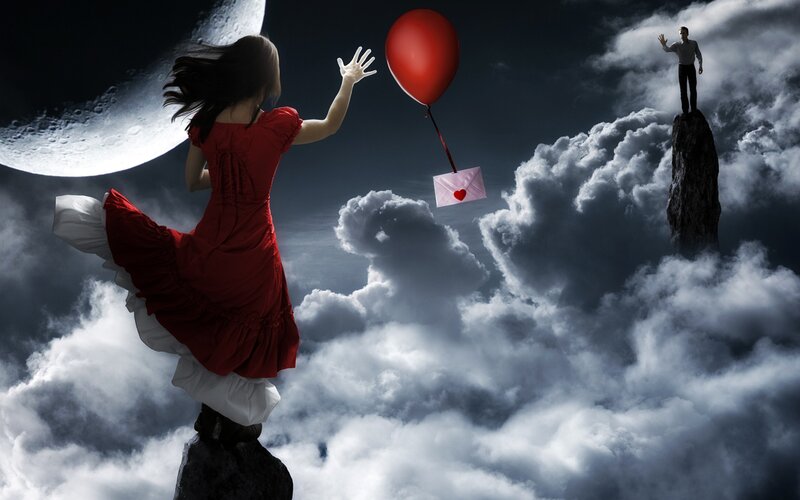 Woman in Red Dress — Dramatic, Night, Digital Art, Man on Rock