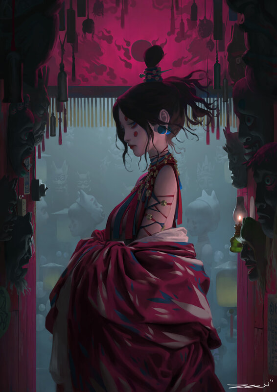Woman in Red Dress — Dramatic, Night, Digital Art, Masks