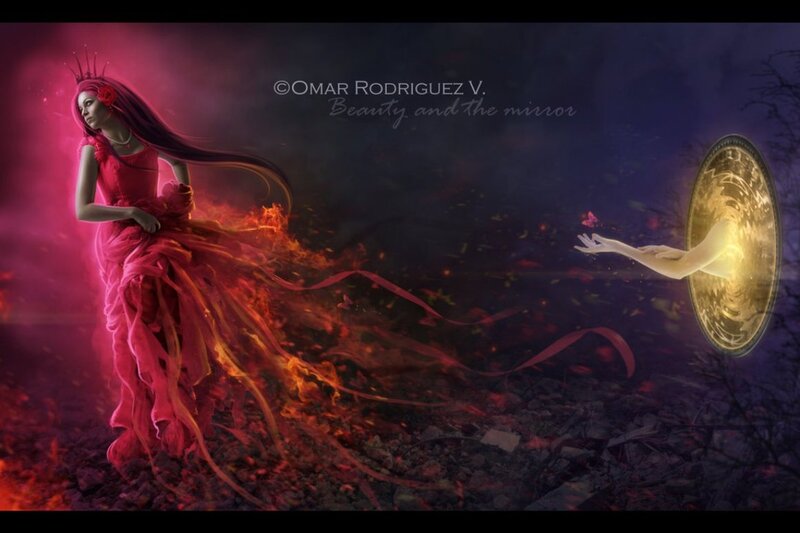 Woman in Red Dress — Dramatic, Night, Digital Art, Mirror, Crown