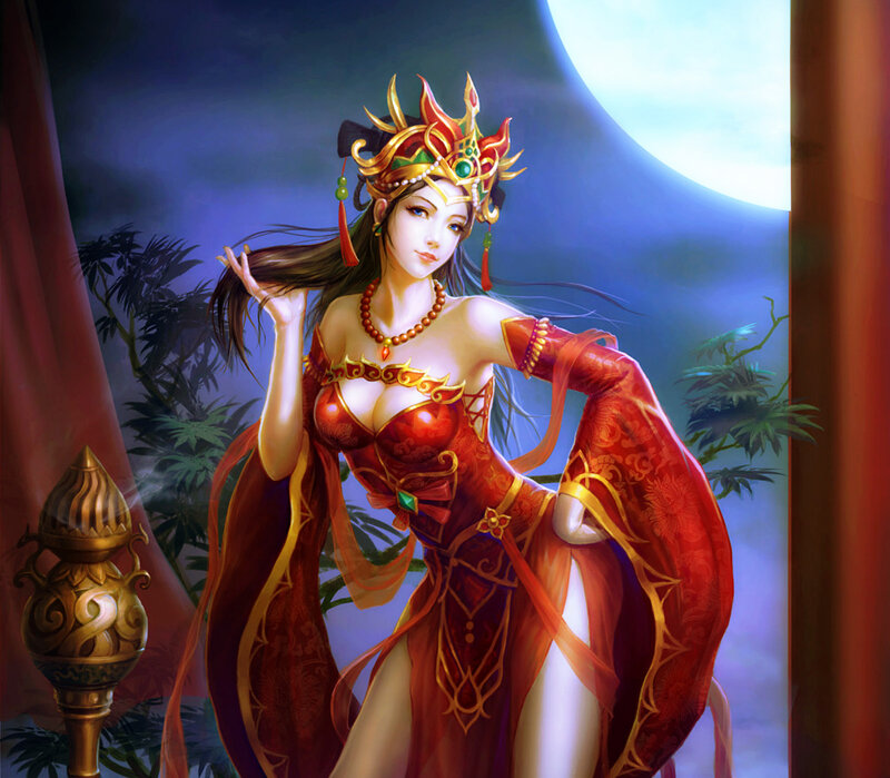 Woman in Red Dress — Dramatic, Night, Digital Art, Moon, Bamboo, Candlestick