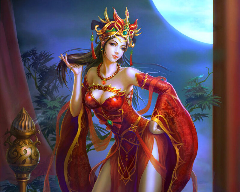 Woman in Red Dress — Dramatic, Night, Digital Art, Moon, Bamboo