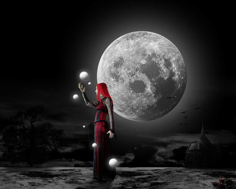 Woman in Red Dress — Dramatic, Night, Digital Art, Moon, Bats, Church