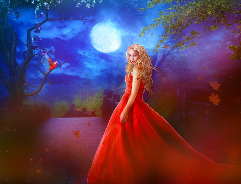 Woman in Red Dress — Dramatic, Night, Digital Art, Moon, Parrot