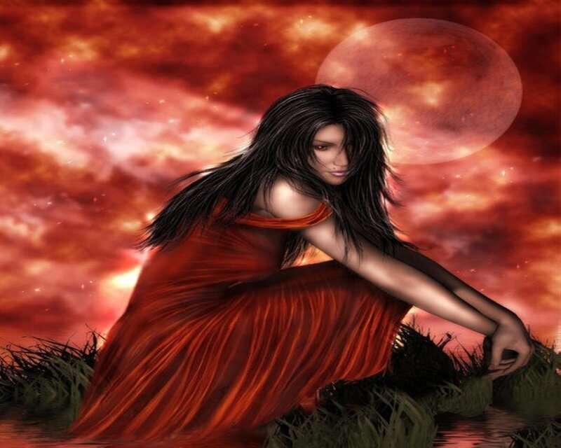 Woman in Red Dress — Dramatic, Night, Digital Art, Moon, Sky