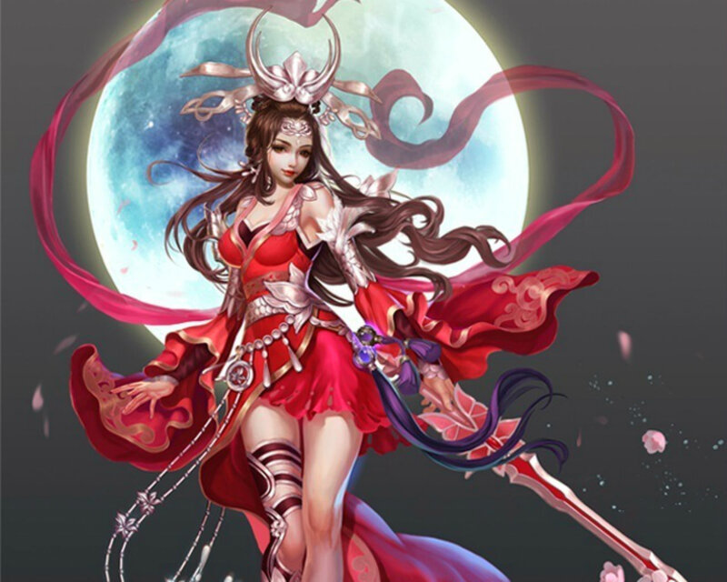 Woman in Red Dress — Dramatic, Night, Digital Art, Moon, Swords