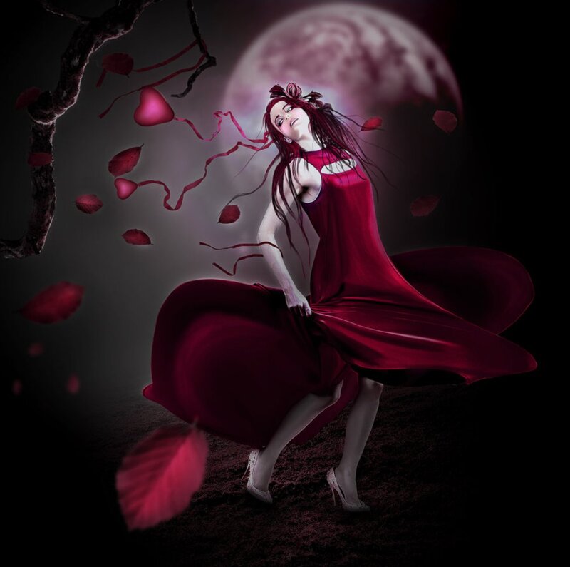 Woman in Red Dress — Dramatic, Night, Digital Art, Moon, Tree Branch