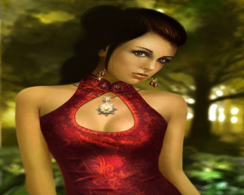 Woman in Red Dress — Dramatic, Night, Digital Art, Necklace