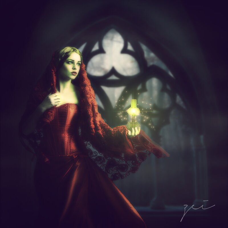 Woman in Red Dress — Dramatic, Night, Digital Art, Oil Lamp