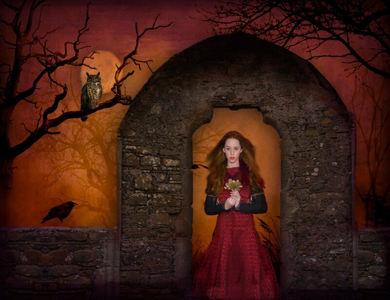 Woman in Red Dress — Dramatic, Night, Digital Art, Owl