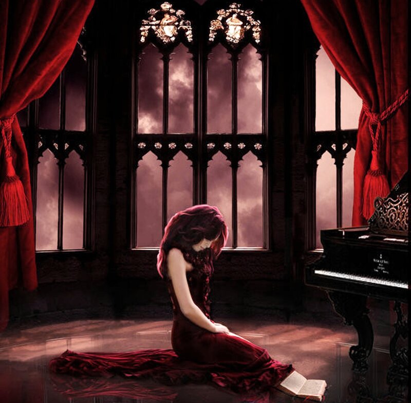 Woman in Red Dress — Dramatic, Night, Digital Art, Piano