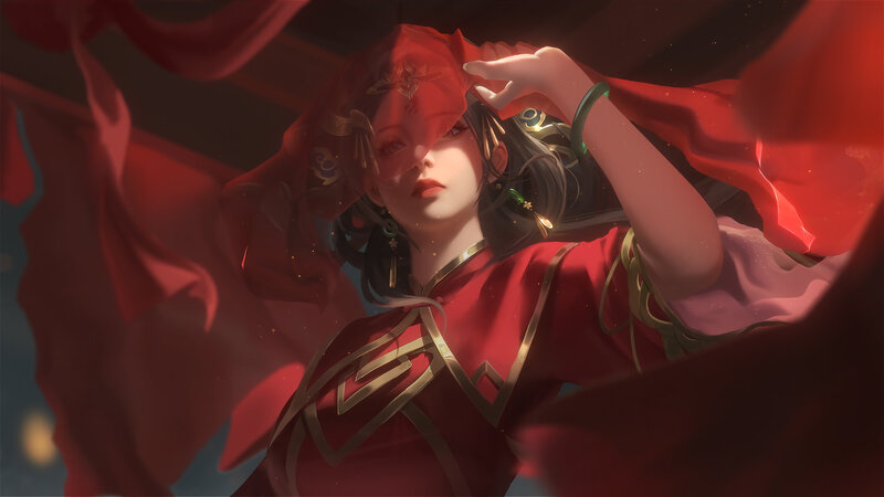 Woman in Red Dress — Dramatic, Night, Digital Art, Red Fabric