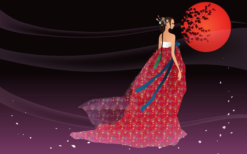 Woman in Red Dress — Dramatic, Night, Digital Art, Red Moon, Branches