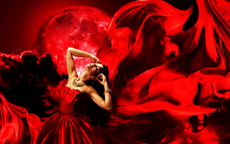 Woman in Red Dress — Dramatic, Night, Digital Art, Red Moon, Drapery