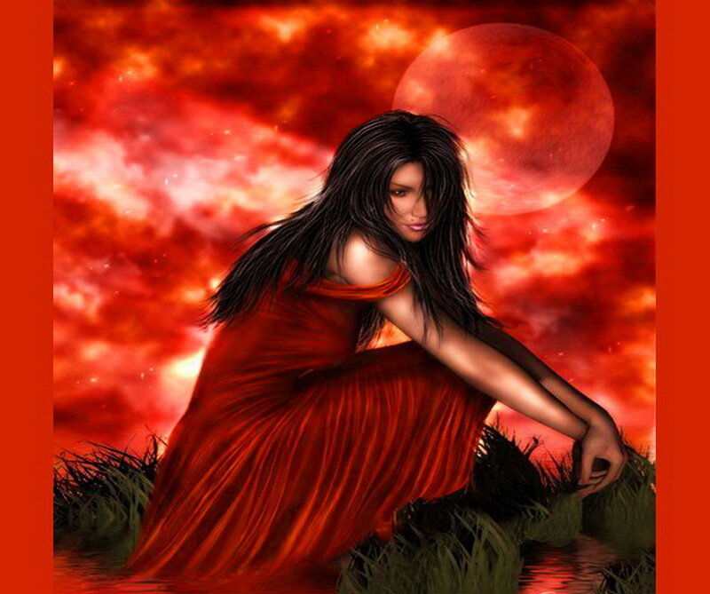 Woman in Red Dress — Dramatic, Night, Digital Art, Red Moon