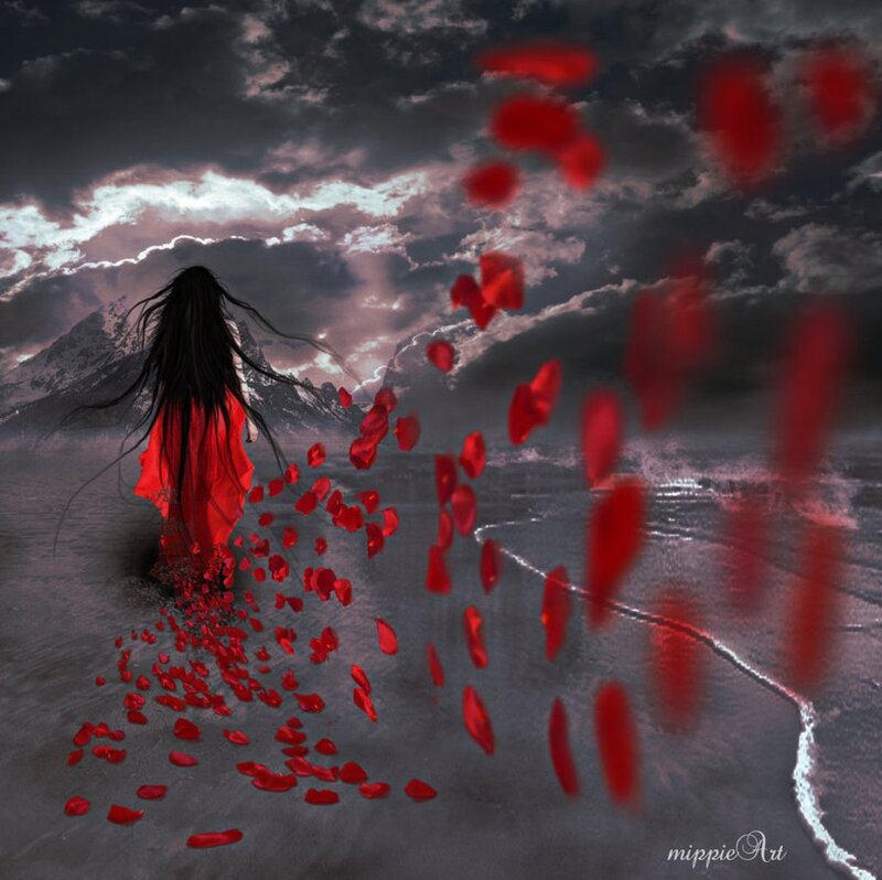 Woman in Red Dress — Dramatic, Night, Digital Art, Rose Petals, Mountains