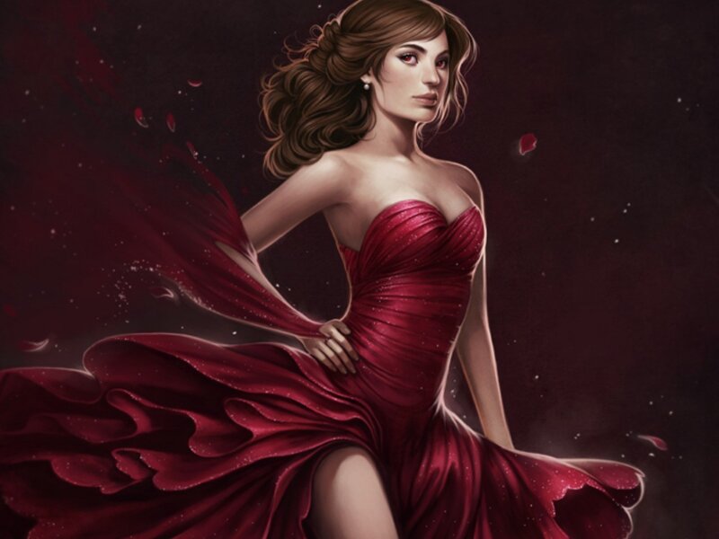 Woman in Red Dress — Dramatic, Night, Digital Art, Rose Petals