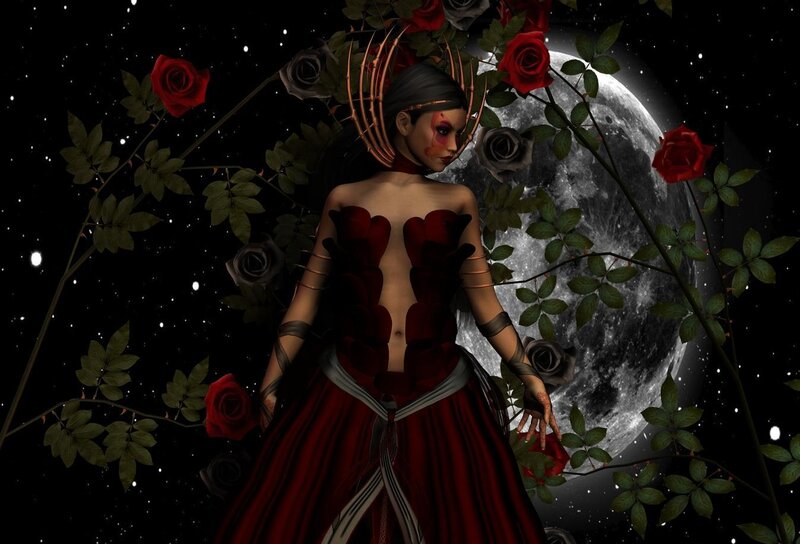 Woman in Red Dress — Dramatic, Night, Digital Art, Roses, Moon