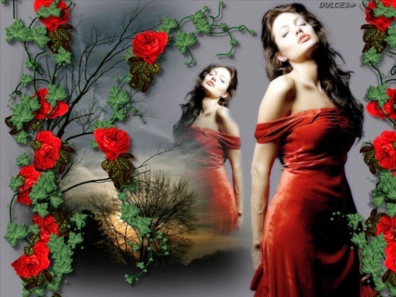 Woman in Red Dress — Dramatic, Night, Digital Art, Roses