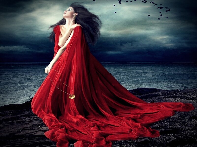 Woman in Red Dress — Dramatic, Night, Digital Art, Sea