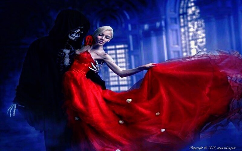 Woman in Red Dress — Dramatic, Night, Digital Art, Skeleton, Castle