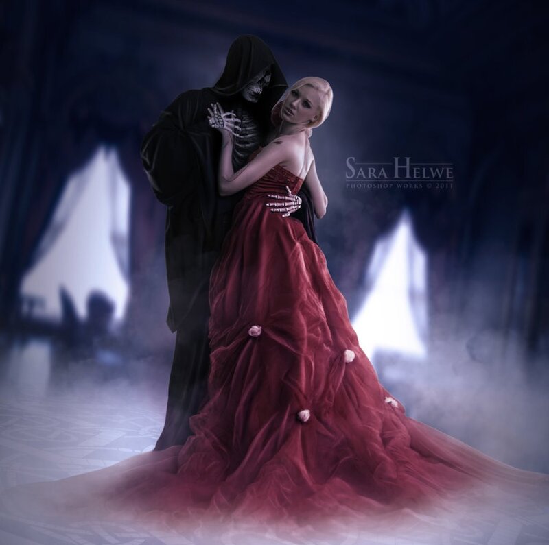 Woman in Red Dress — Dramatic, Night, Digital Art, Skeleton, Dancing