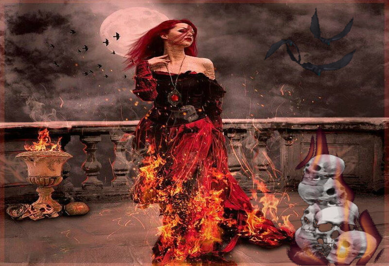 Woman in Red Dress — Dramatic, Night, Digital Art, Skulls