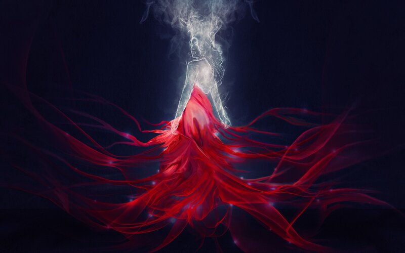 Woman in Red Dress — Dramatic, Night, Digital Art, Smoke, Light, Dark Background
