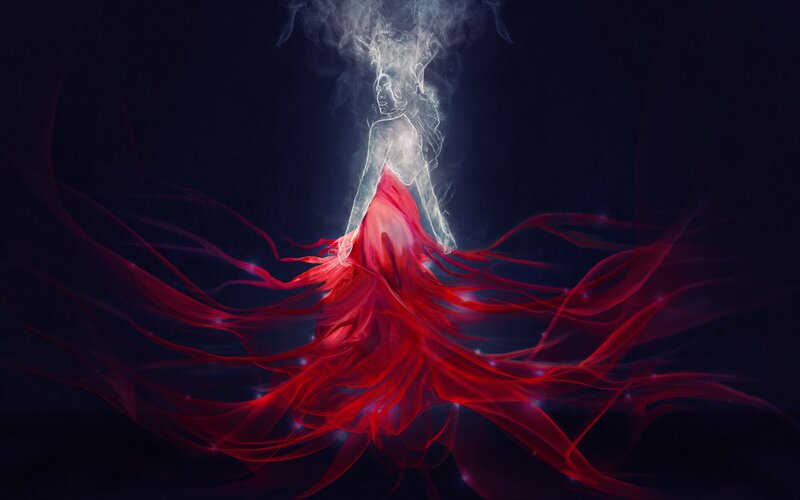 Woman in Red Dress — Dramatic, Night, Digital Art, Smoke, Light