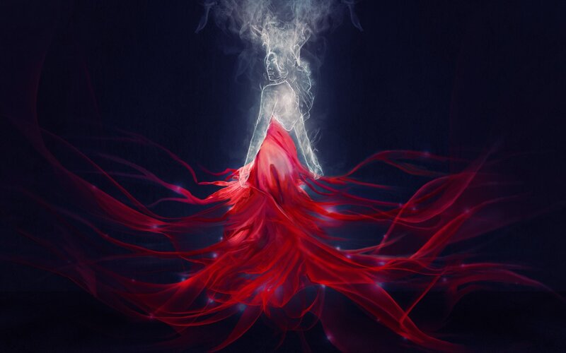 Woman in Red Dress — Dramatic, Night, Digital Art, Smoke