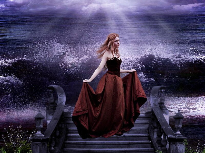 Woman in Red Dress — Dramatic, Night, Digital Art, Stairs