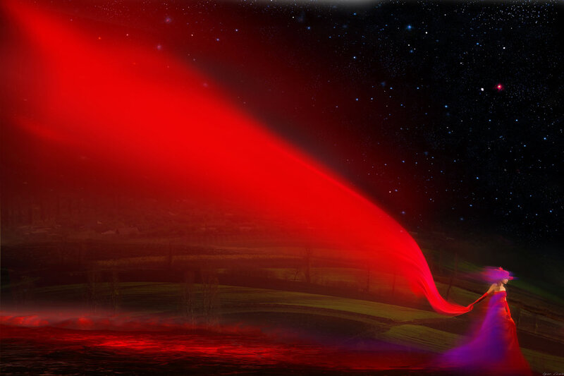 Woman in Red Dress — Dramatic, Night, Digital Art, Starry Sky