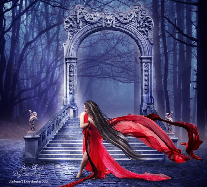 Woman in Red Dress — Dramatic, Night, Digital Art, Stone Arch