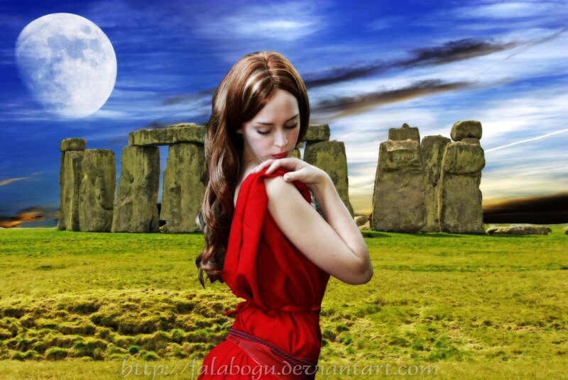 Woman in Red Dress — Dramatic, Night, Digital Art, Stonehenge