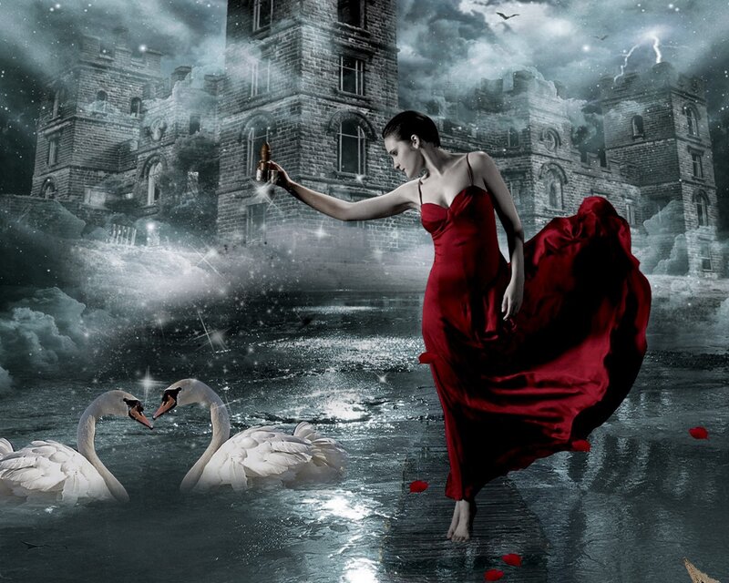 Woman in Red Dress — Dramatic, Night, Digital Art, Swans, Castle, Lightning