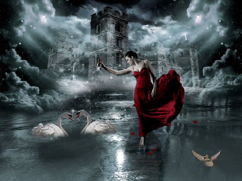 Woman in Red Dress — Dramatic, Night, Digital Art, Swans