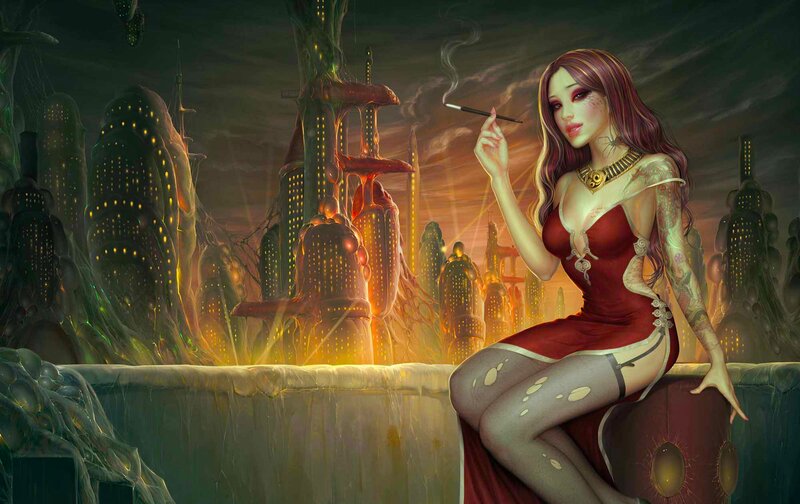 Woman in Red Dress — Dramatic, Night, Digital Art, Tattoos