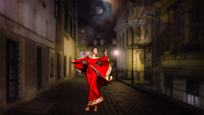 Woman in Red Dress — Dramatic, Night, Digital Art, Tiger