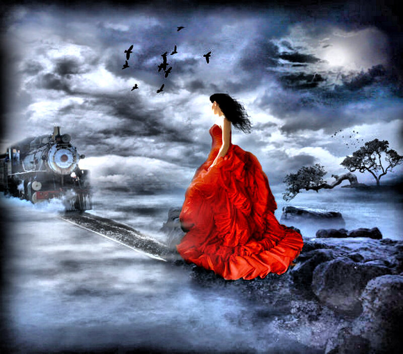 Woman in Red Dress — Dramatic, Night, Digital Art, Train