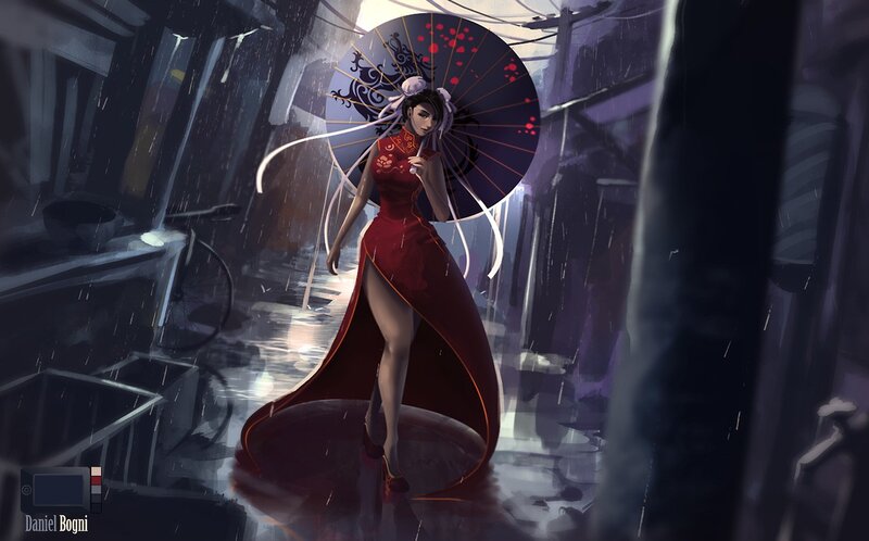 Woman in Red Dress — Dramatic, Night, Digital Art, Umbrella, Rain