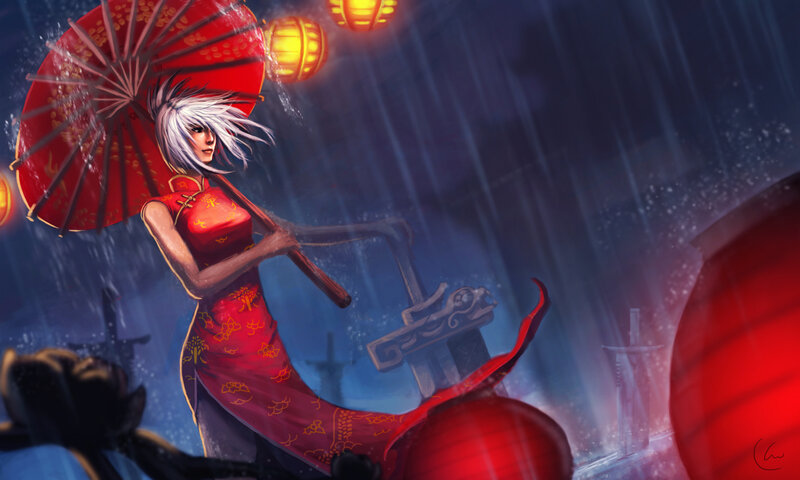 Woman in Red Dress — Dramatic, Night, Digital Art, Umbrella