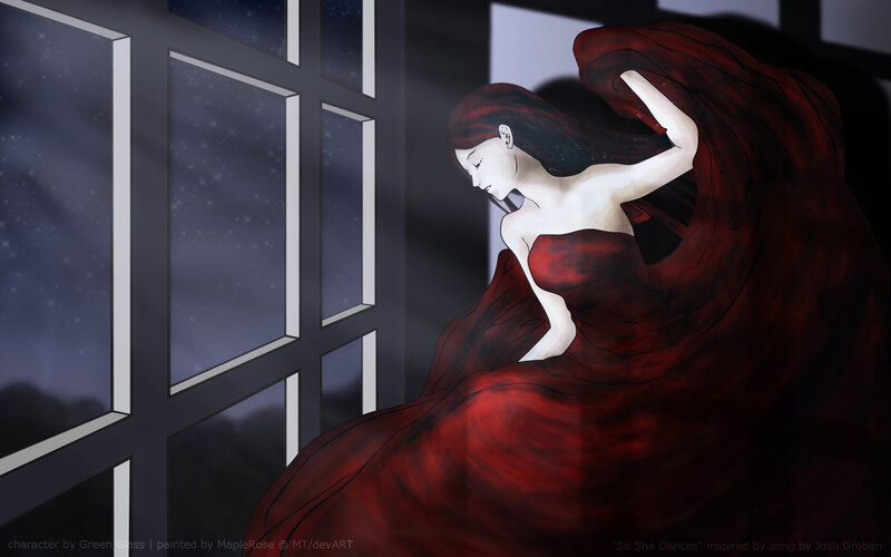 Woman in Red Dress — Dramatic, Night, Digital Art, Window