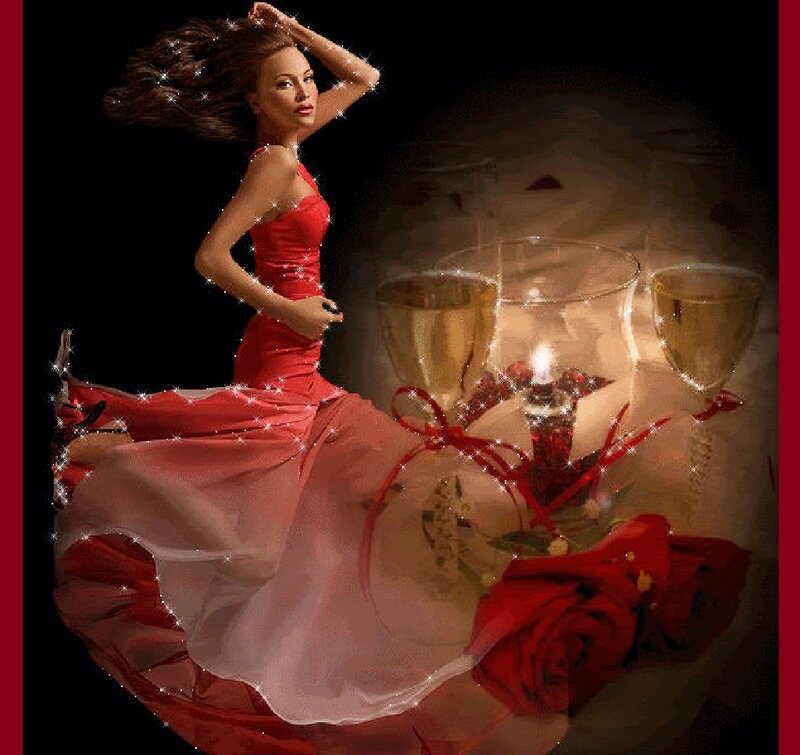Woman in Red Dress — Dramatic, Night, Digital Art, Wine Glasses