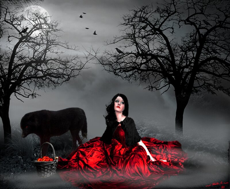 Woman in Red Dress — Dramatic, Night, Digital Art, Wolf, Basket