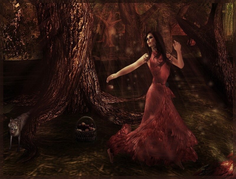 Woman in Red Dress — Dramatic, Night, Digital Art, Wolf