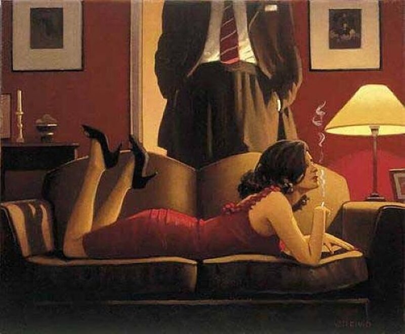 Woman in Red Dress — Dramatic, Night, Painting, Couch