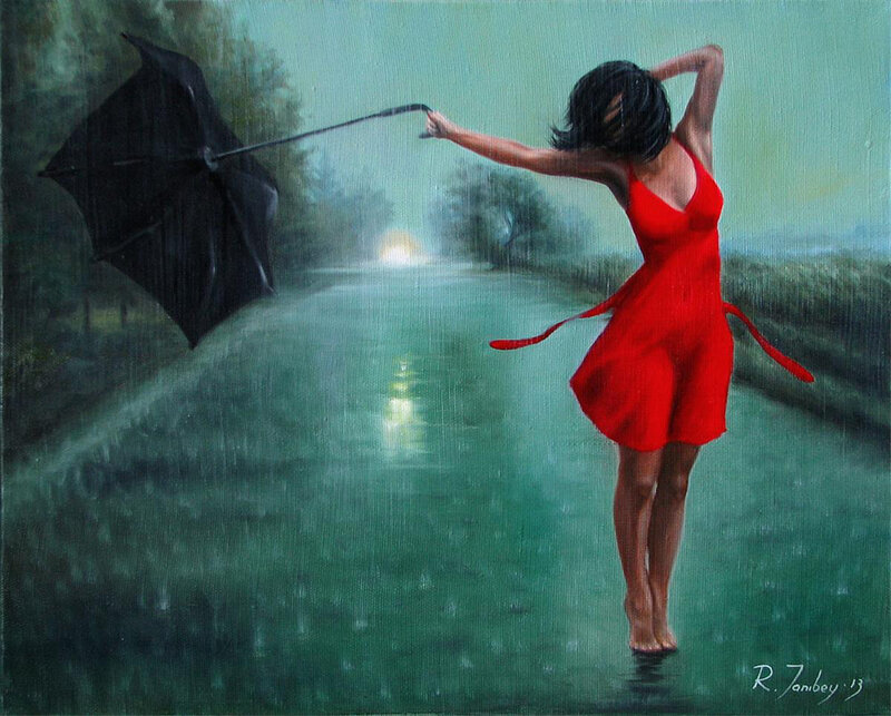 Woman in Red Dress — Dramatic, Night, Painting, Umbrella