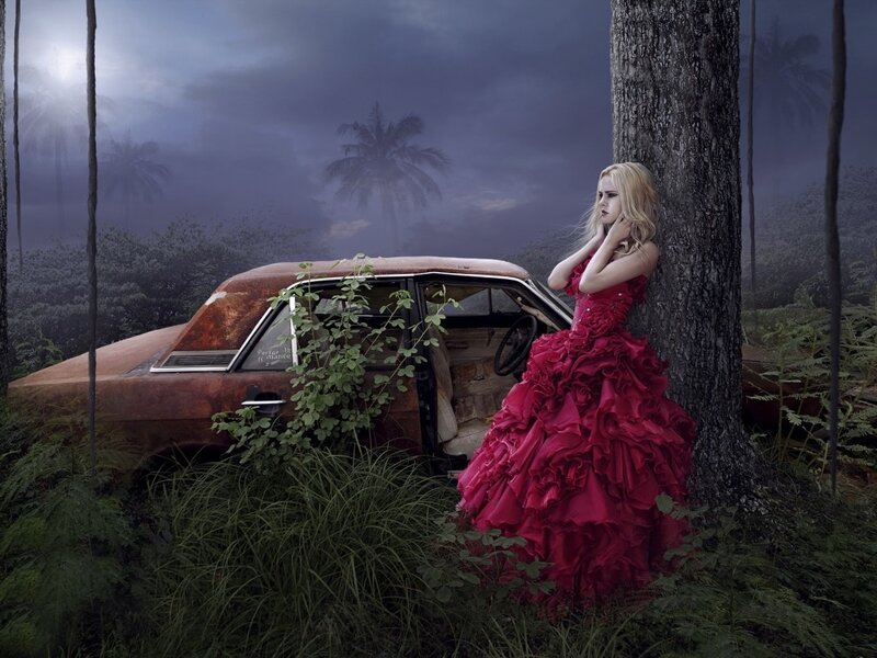 Woman in Red Dress — Dramatic, Night, Photograph, Abandoned Car
